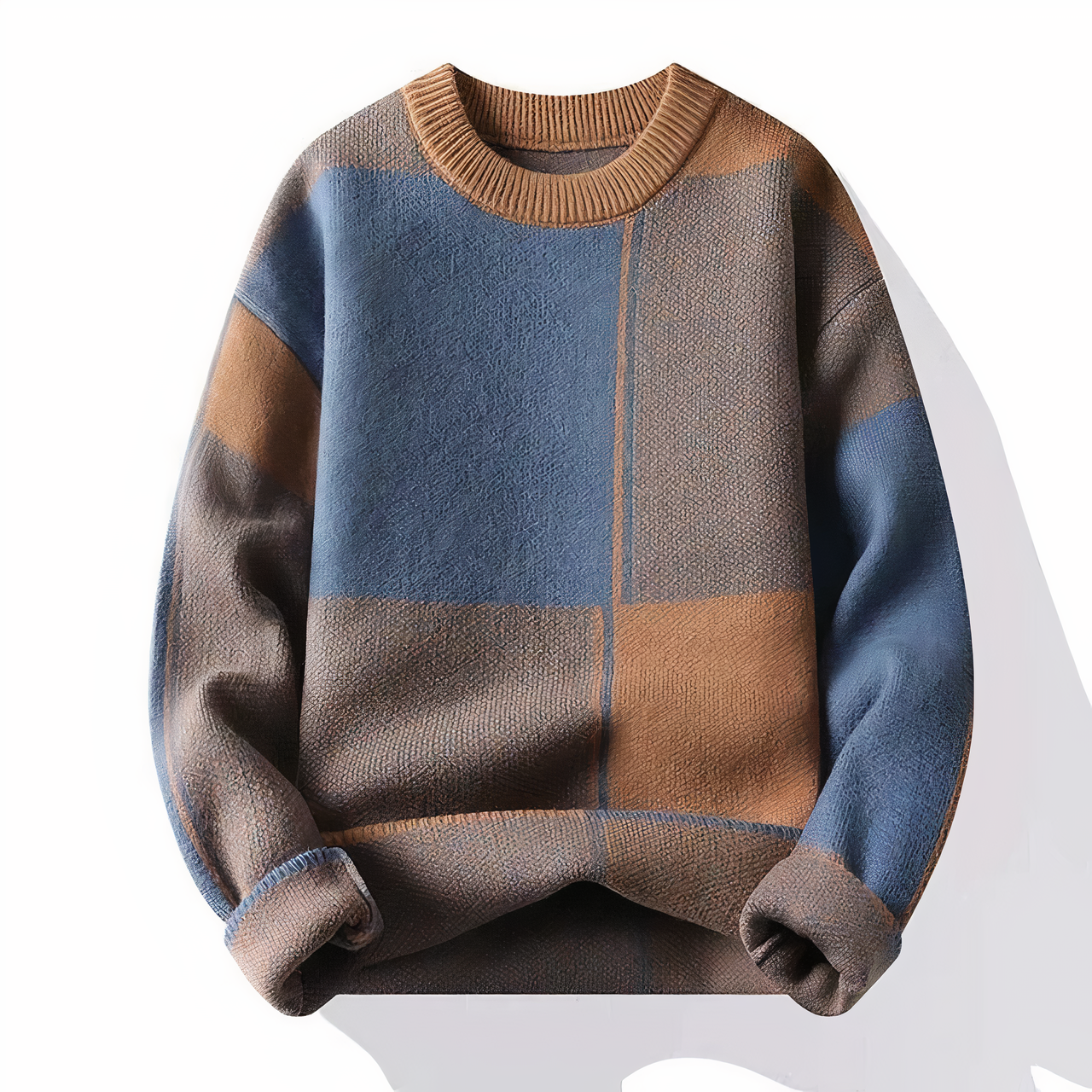 Men's brown and beige checkered knit sweater with classic pattern and relaxed modern fit