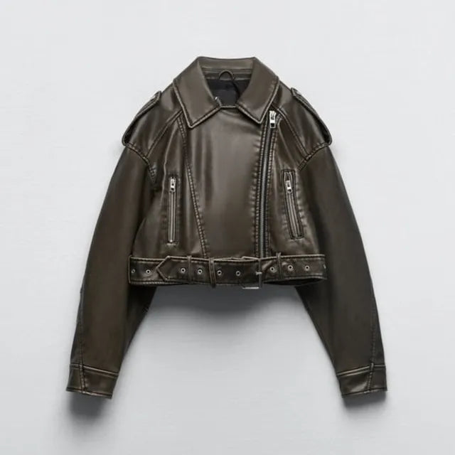 Short black motorcycle jacket tailored fit with metallic zipper accents bold modern silhouette