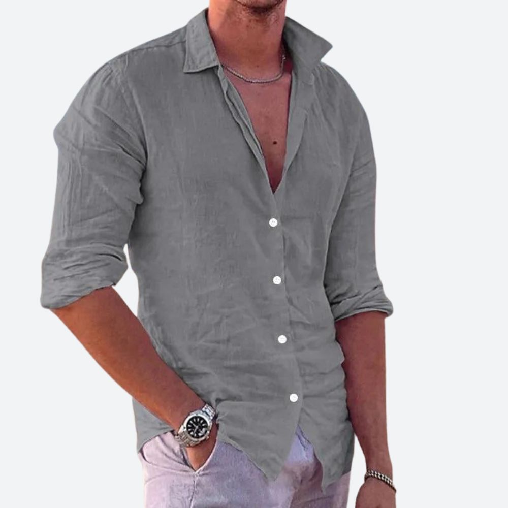 Men's relaxed-fit linen shirt breathable lightweight fabric Kent collar casual warm weather style