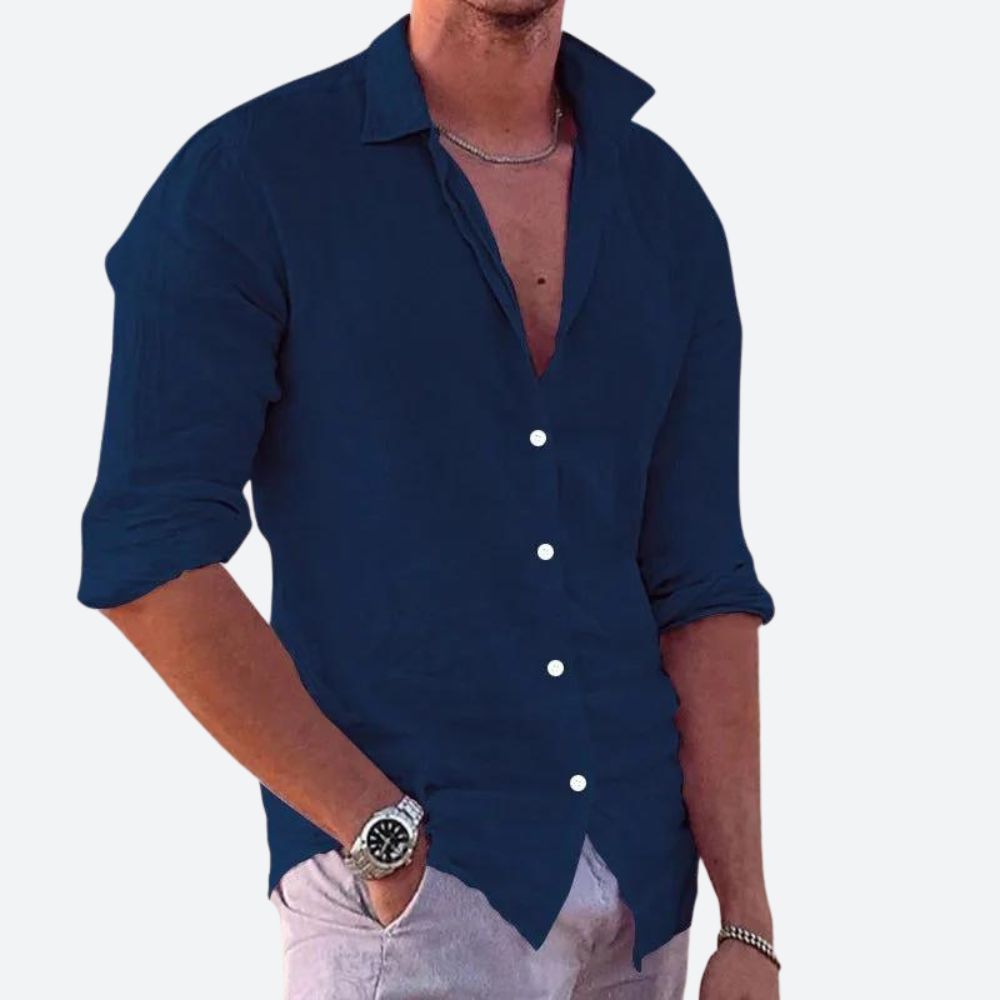 Men's relaxed-fit linen shirt in classic casual style with breathable Kent collar design