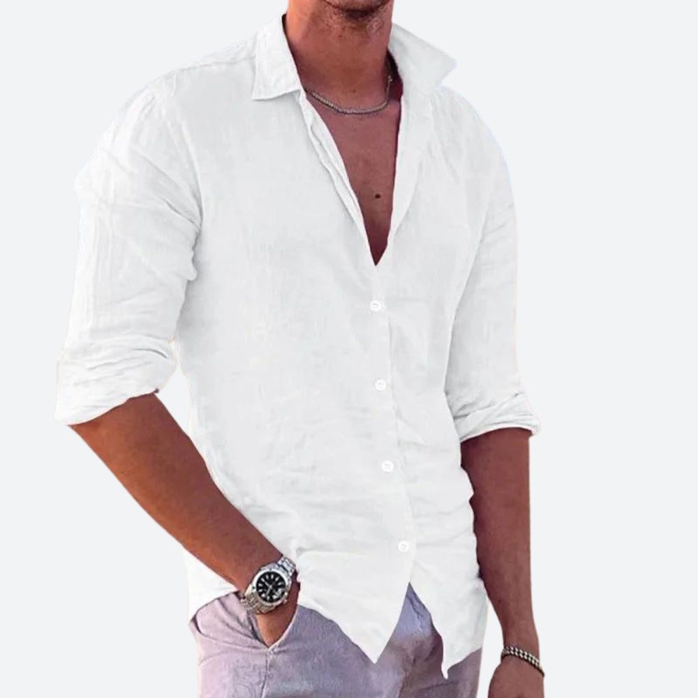 Men's relaxed-fit linen shirt breathable lightweight fabric Kent collar casual warm-weather style