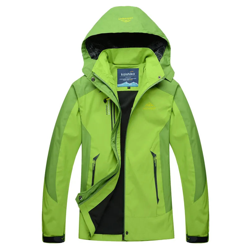 Women's waterproof rain jacket relaxed fit with adjustable hood and zipper pockets for commuters