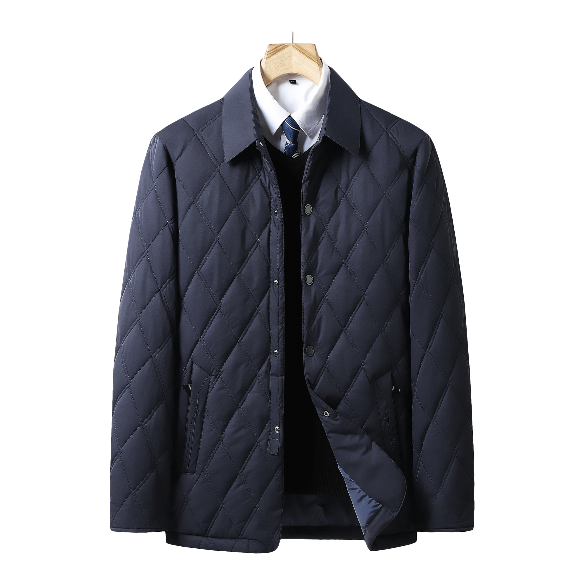 Men's navy quilted waterproof winter jacket with sleek modern silhouette and water-resistant fabric