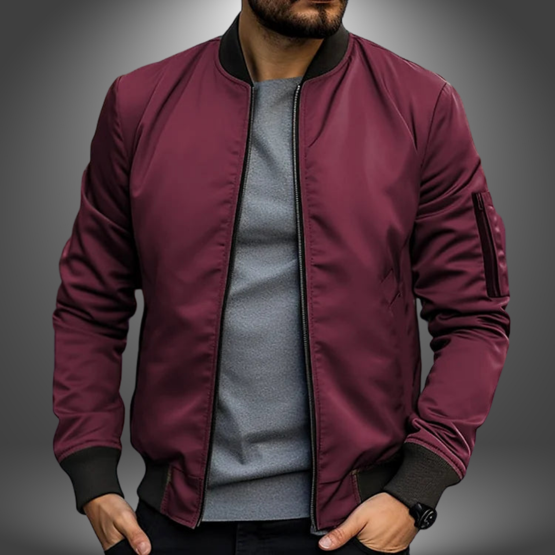 Oliver lightweight navy bomber jacket with ribbed collar, breathable polyester for fall and spring layering