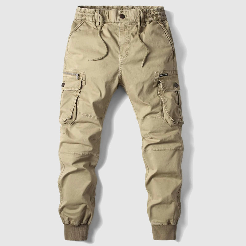 Black men's cargo jogger pants elastic waistband cuffed ankles multi-pocket durable fabric casual fit