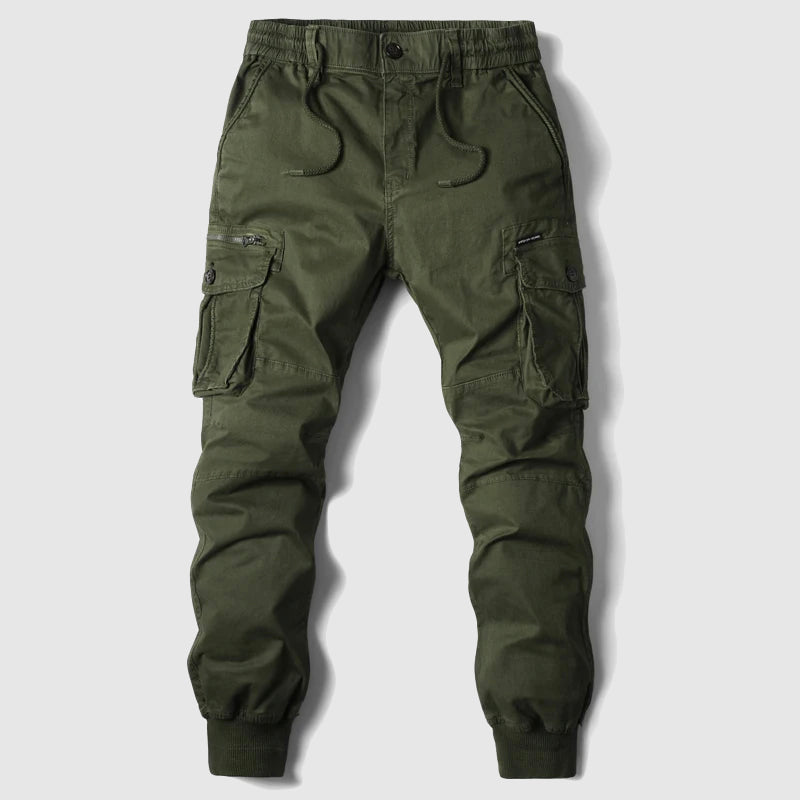 Black men's cargo jogger pants with elastic waistband, cuffed ankles, and multi-pocket design