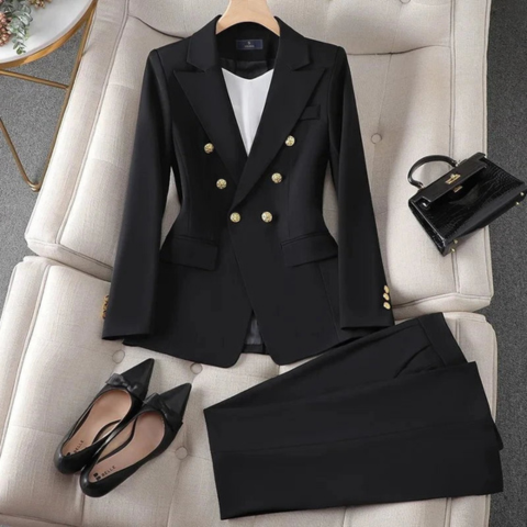 Black stretch fitted women's pantsuit two-piece set tailored blazer straight pants professional