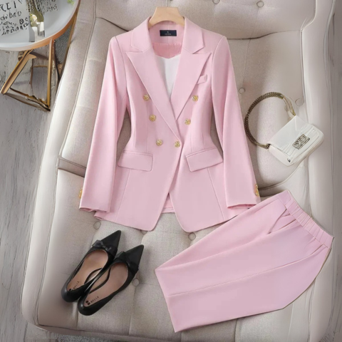 Black stretch fitted women's pantsuit two-piece set with structured blazer and straight-leg trousers