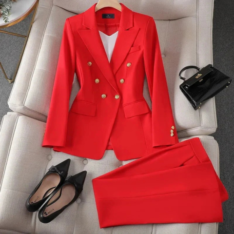 Black stretch fitted women's pantsuit set tailored blazer straight pants professional versatile