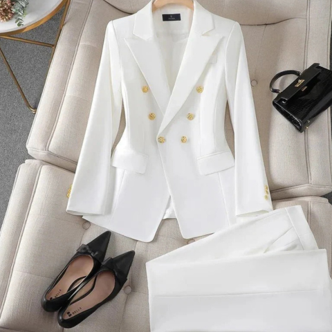 Black stretch fitted women's pantsuit two-piece set with structured blazer and straight-leg trousers