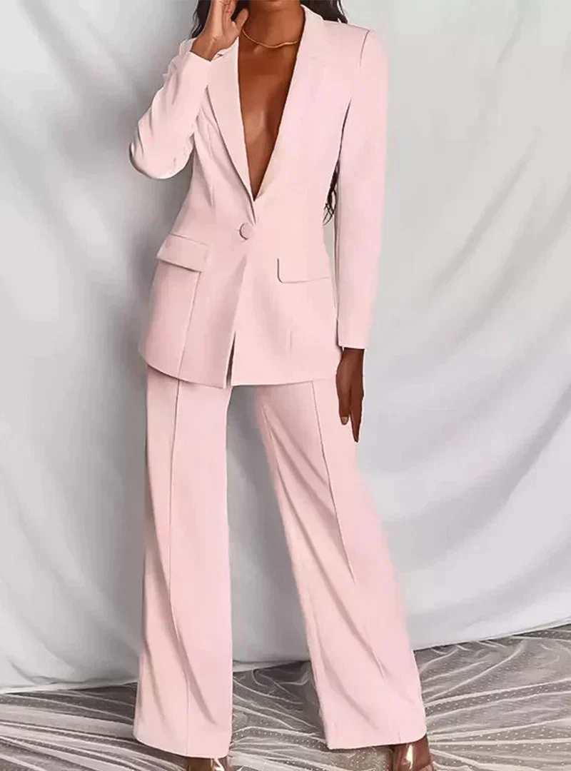 Women's formal slim fit blazer and pants suit set in elegant style with polished professional design