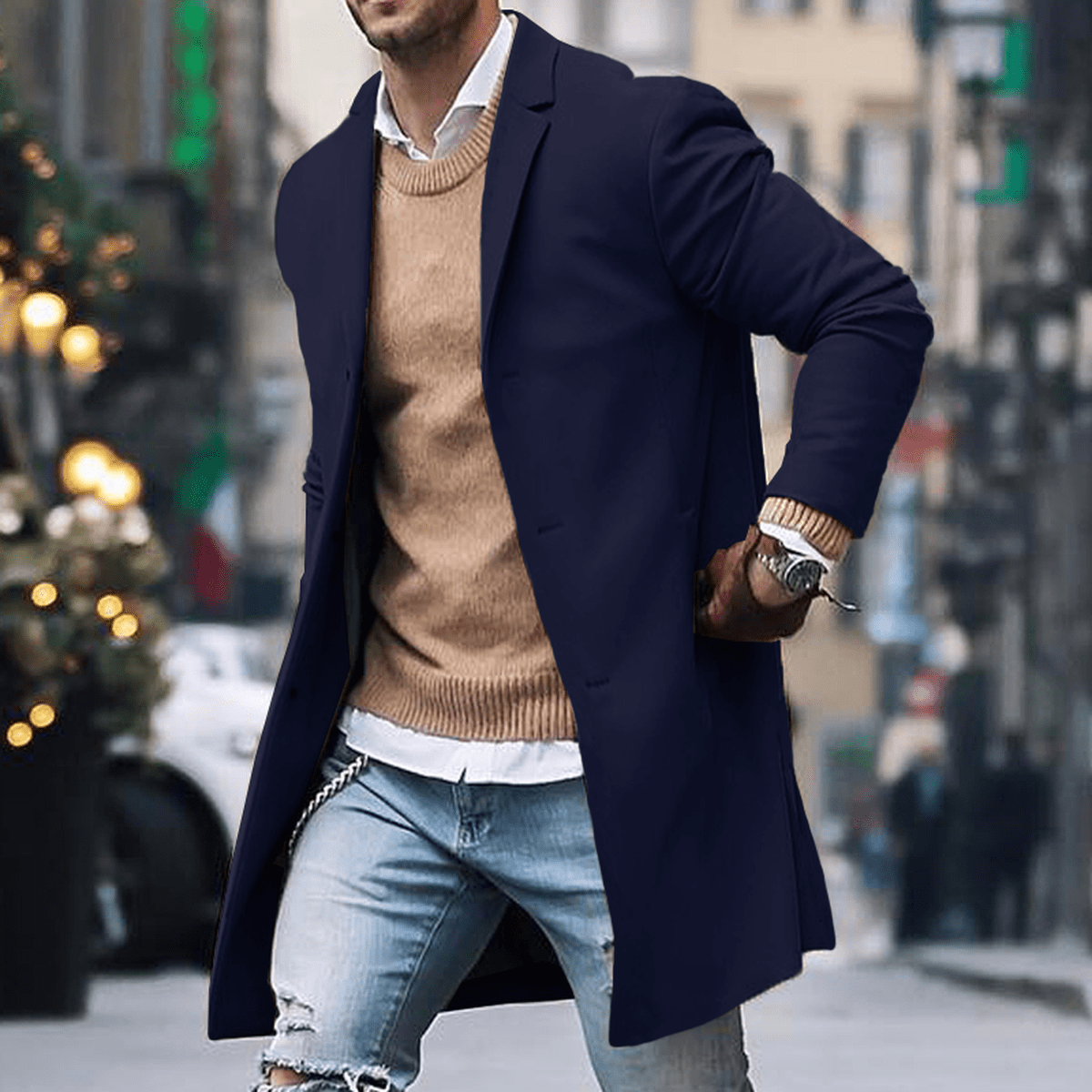 Men's long tailored street style coat sleek silhouette versatile winter wear modern fit