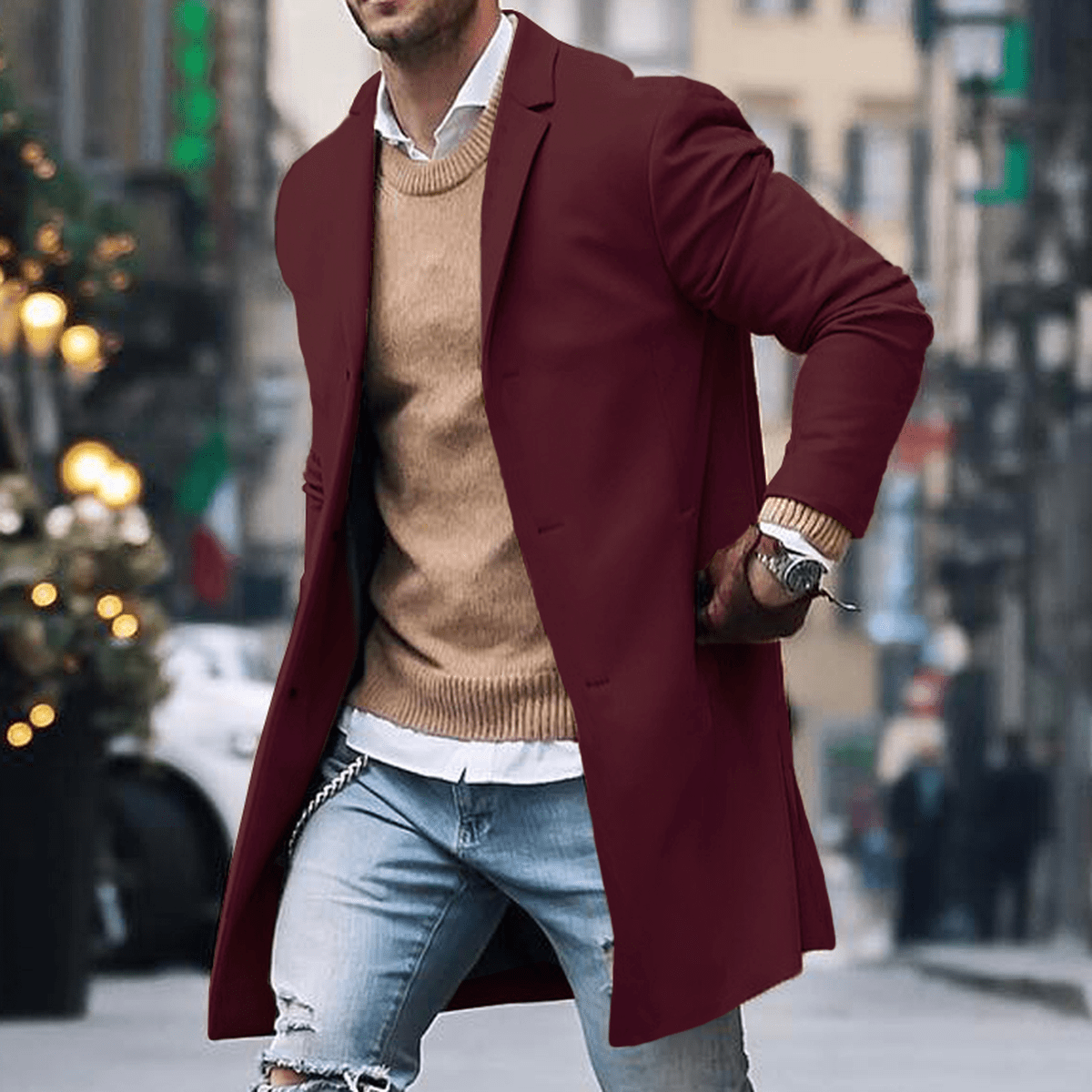 Men's classic long tailored street style coat sleek silhouette versatile winter wool blend