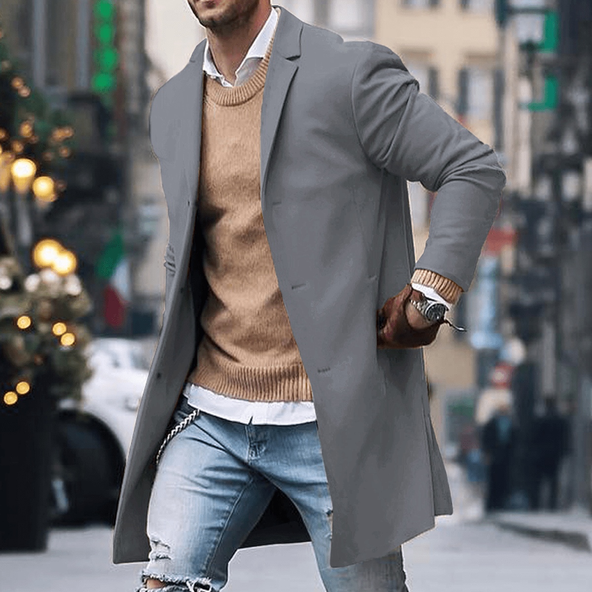 Men's long tailored street style coat sleek silhouette classic cut versatile winter wear