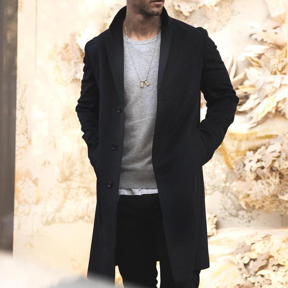 Men's long tailored street style coat sleek silhouette versatile winter wool-blend overcoat