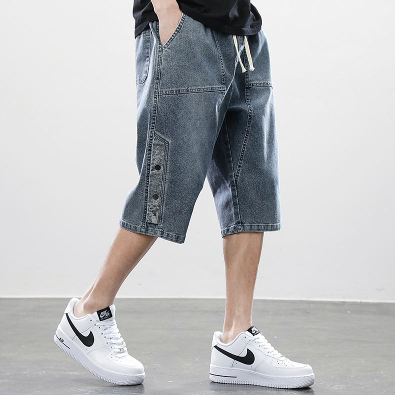 Men's distressed vintage wash denim shorts mid-calf length drawstring waistband streetwear comfort fit