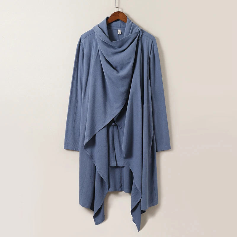 Beige linen blend flowing cape with minimalist knot buttons Japanese-inspired elegant silhouette