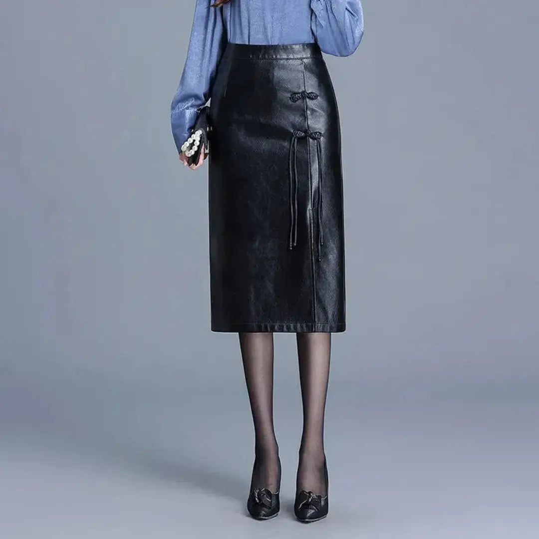Black brown faux leather midi pencil skirt high-waisted sculpting silhouette for office to evening wear