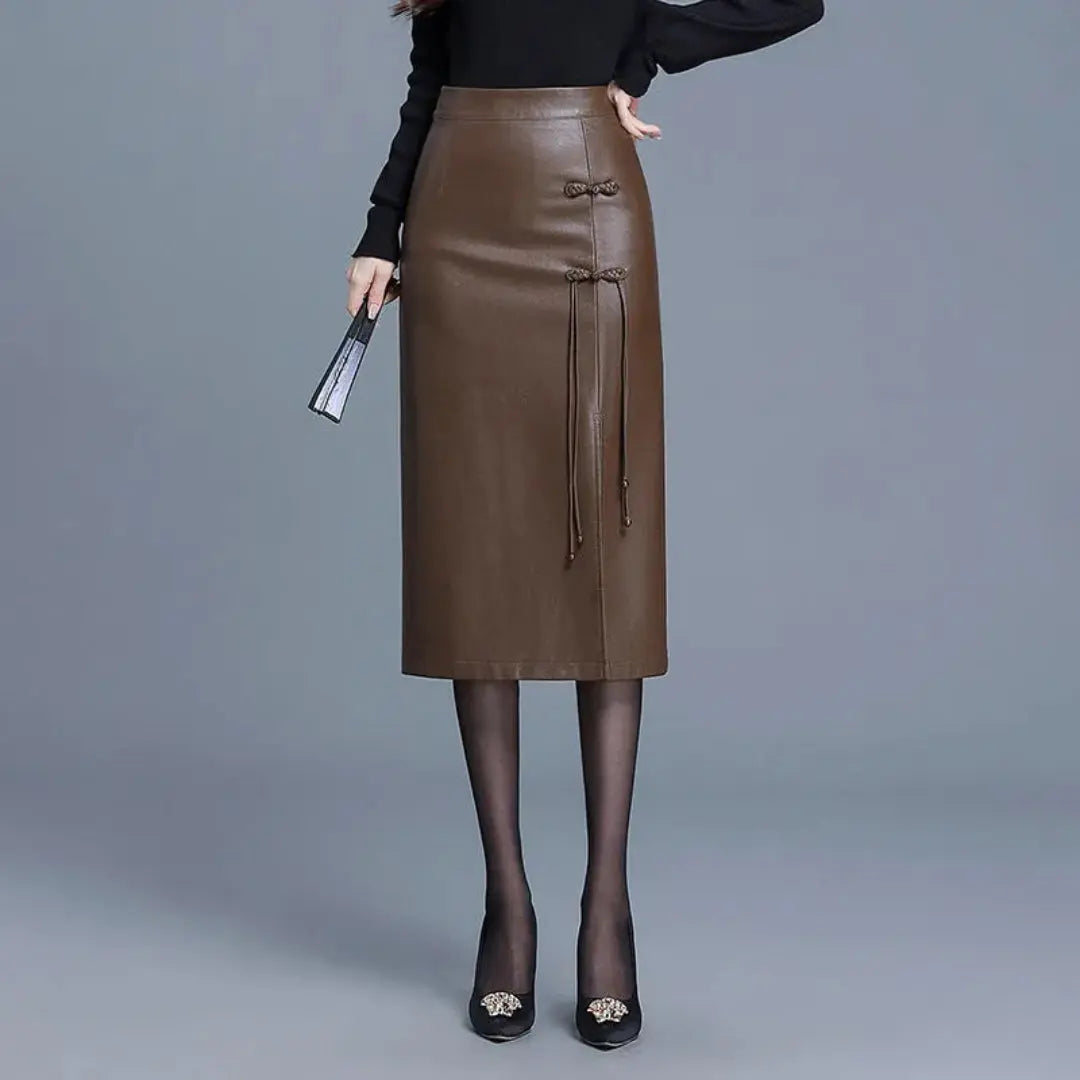 Black brown faux leather midi pencil skirt high-waisted sculpting silhouette office-to-evening style