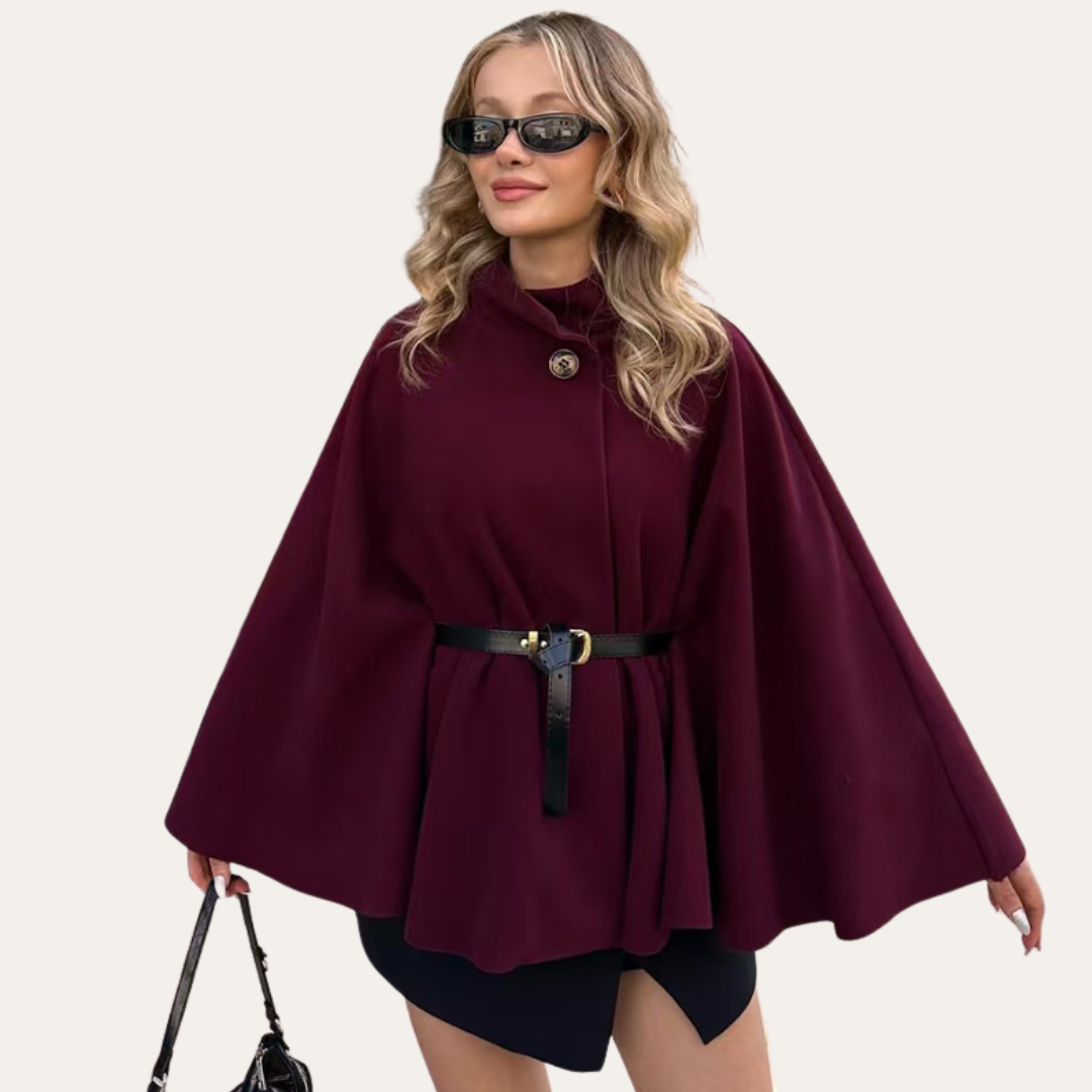 Burgundy wool cape coat women elegant flowing silhouette high collar button closure optional belt