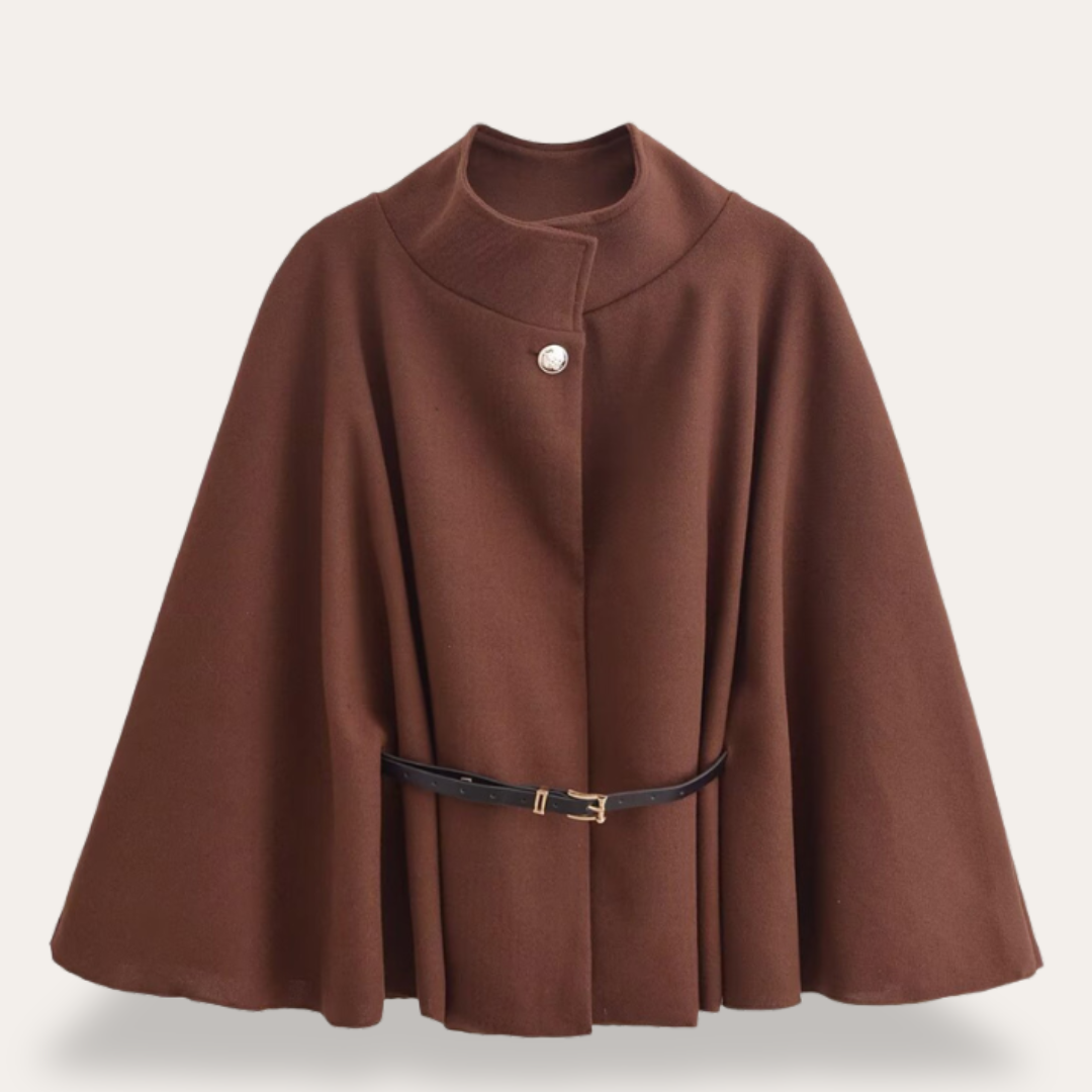Burgundy wool cape coat women elegant flowing silhouette high collar button closure optional belt