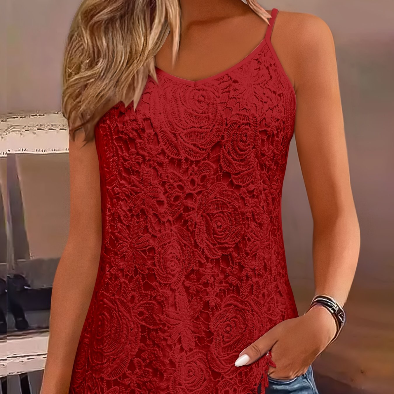 Women's sleeveless tank top lace pattern lightweight stretch polyester elegant warm-weather style