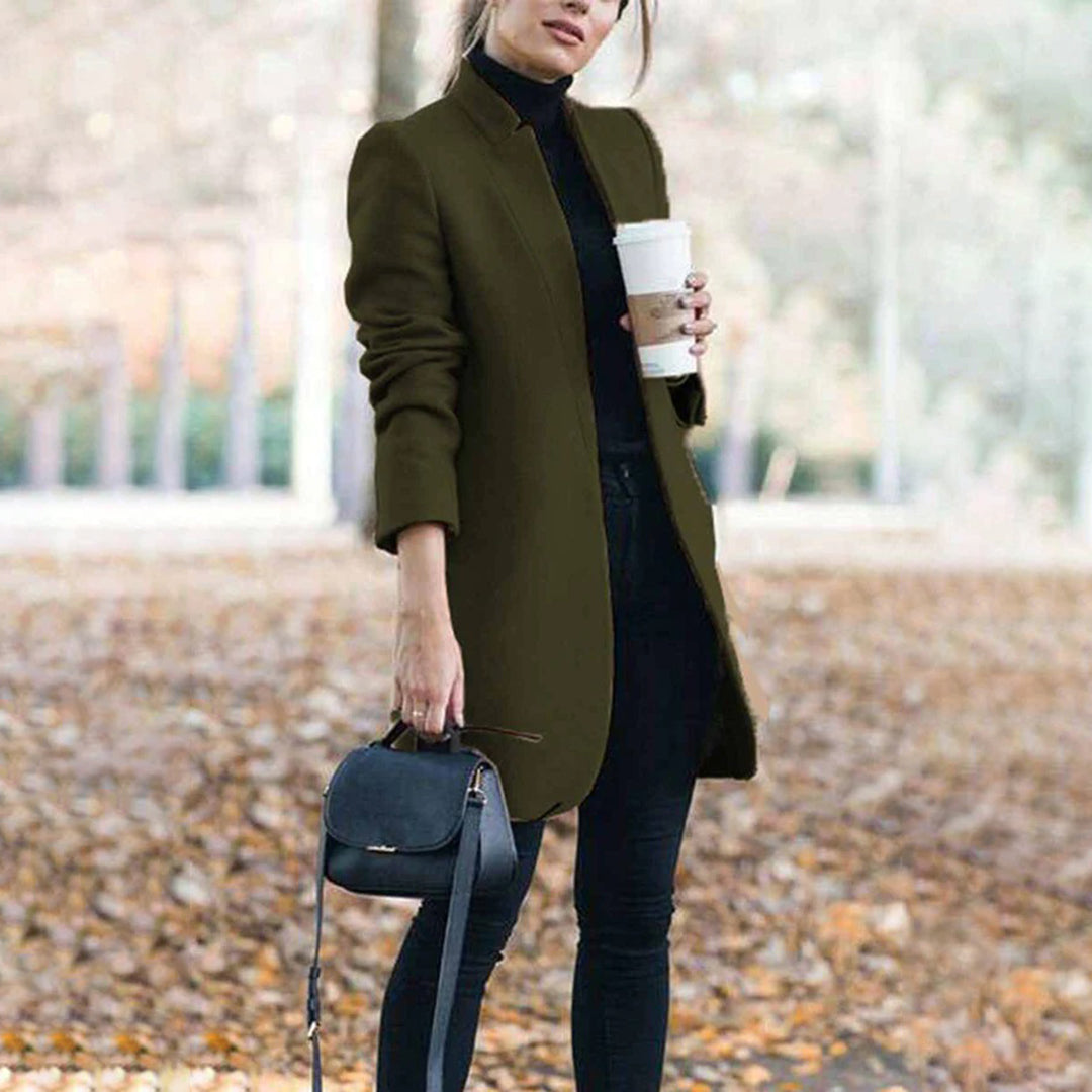 Women's tailored winter coat classic lapel structured fit professional elegant silhouette