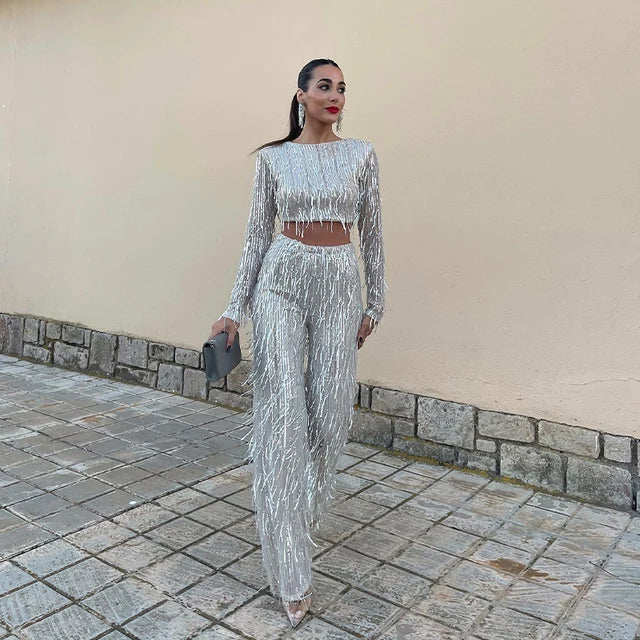 Women's embellished crop top and flared pants set high-waist long-sleeve evening glamour two-piece