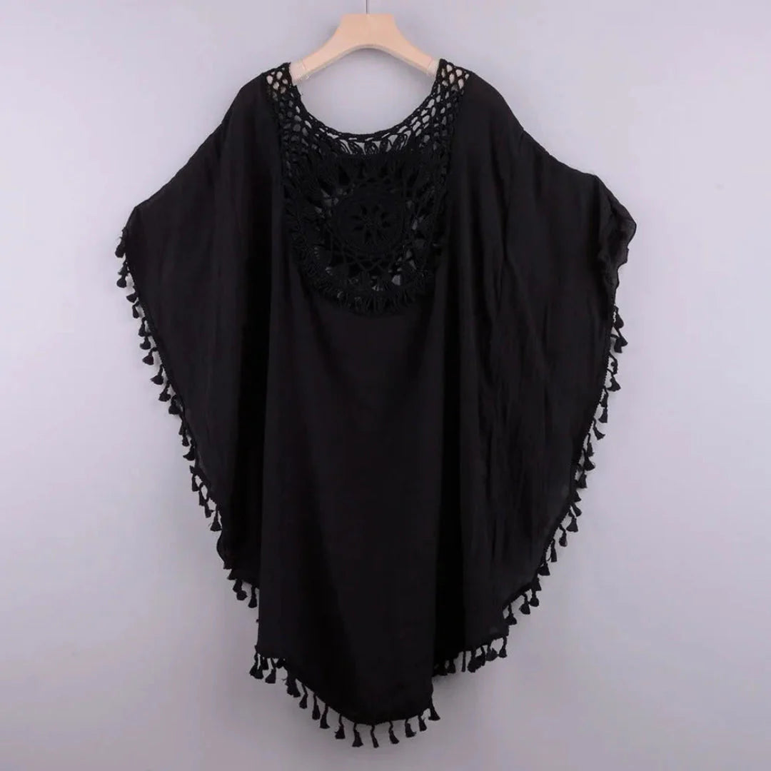 Women's white boho crochet kaftan cover-up lightweight tassel-trim beach resort wear