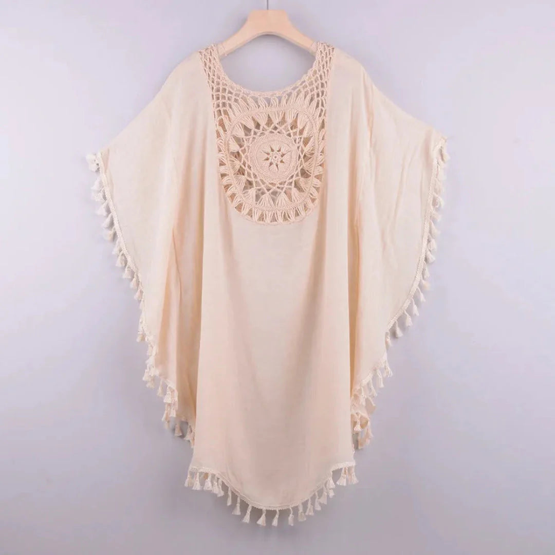 Women's white boho crochet kaftan cover-up with tassel trim, lightweight beach resort wear