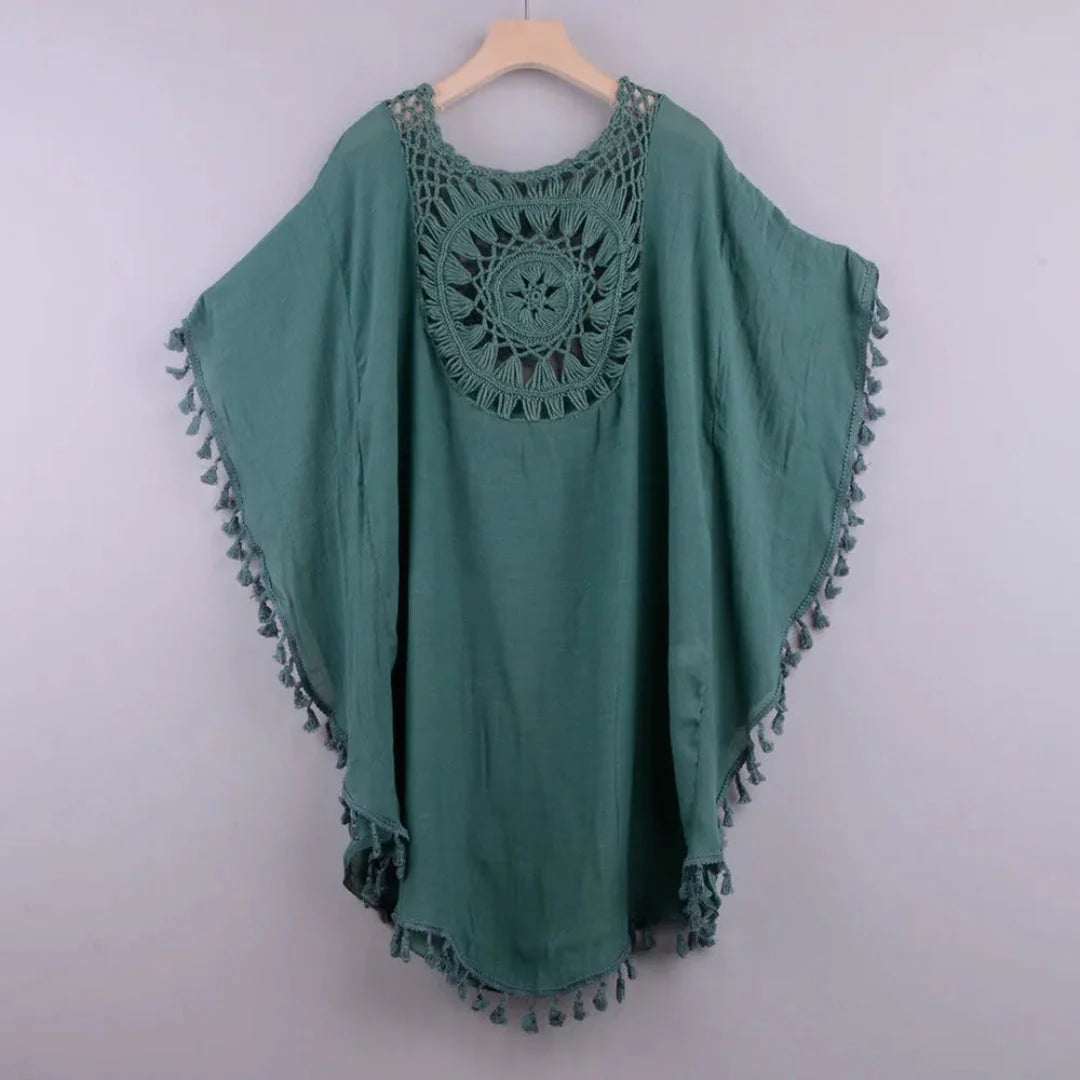 Women's beige boho crochet kaftan cover-up with tassel trim, lightweight beach resort wear