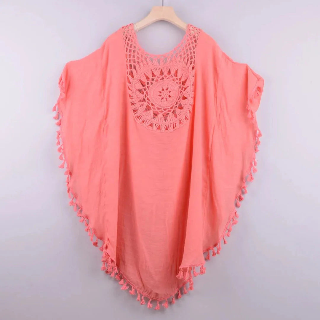 Women's white boho crochet kaftan cover-up with tassel trim, lightweight beach resort wear