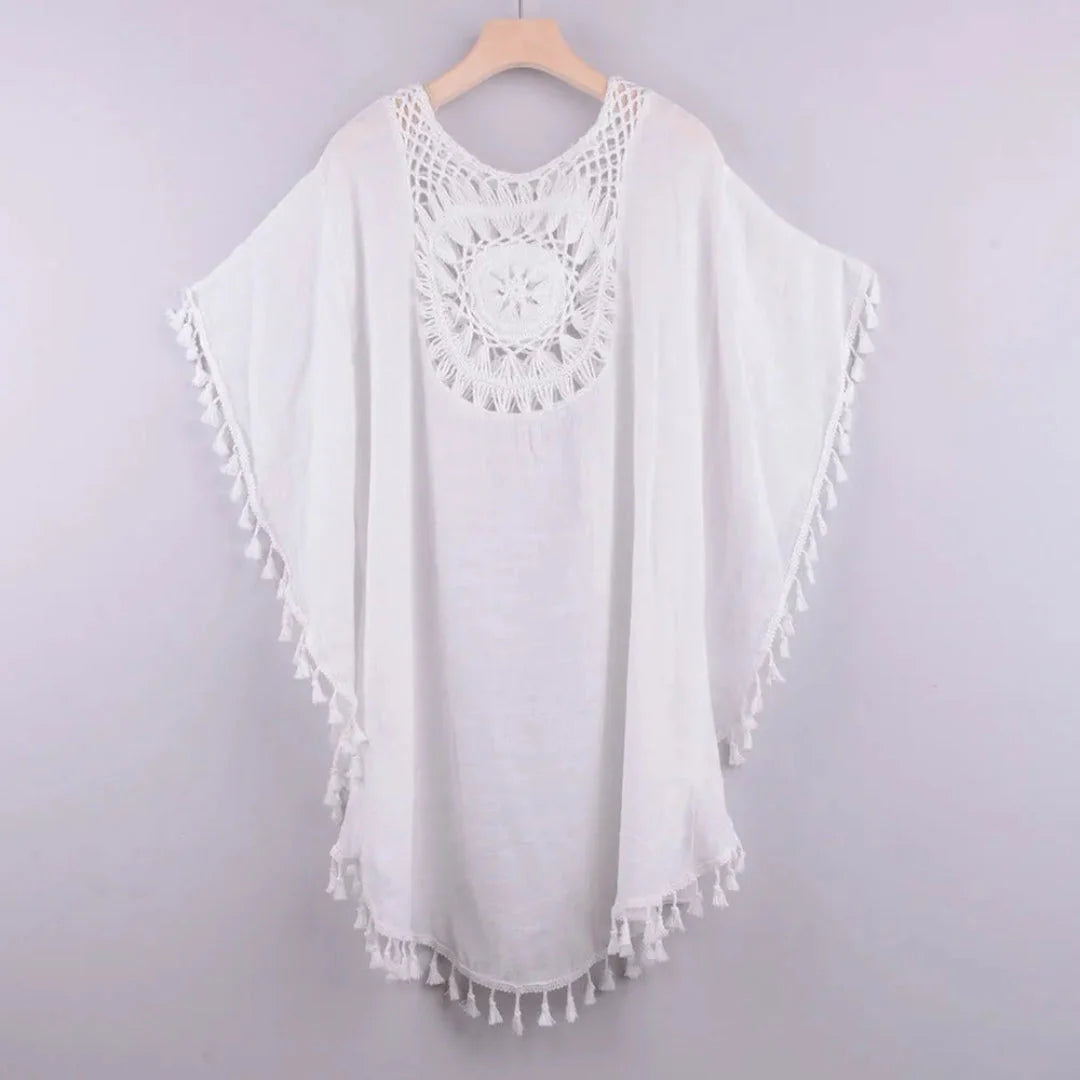 Women's white boho crochet kaftan cover-up with tassel trim, lightweight beach resort wear