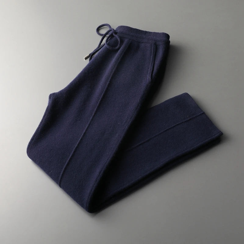Mongolian cashmere drawstring trousers relaxed straight-leg fit lounge luxurious soft neutral