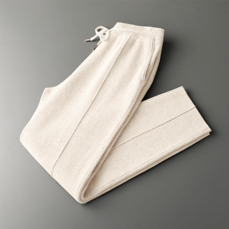 Mongolian cashmere drawstring trousers relaxed straight-leg fit luxury lounge wear neutral tone