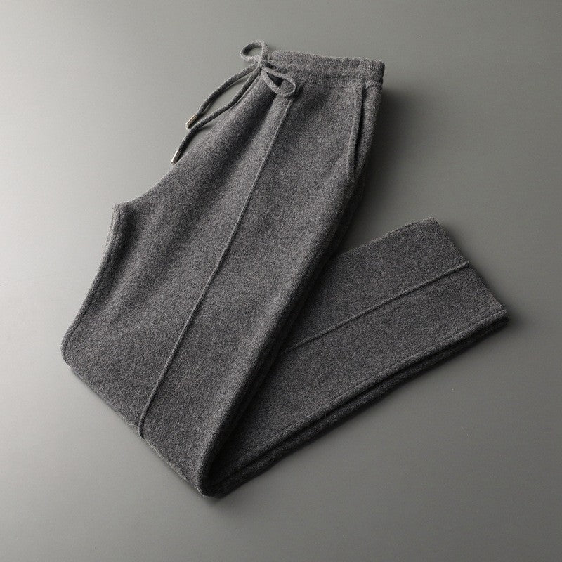 Mongolian cashmere drawstring trousers relaxed straight-leg silhouette in neutral lounge style