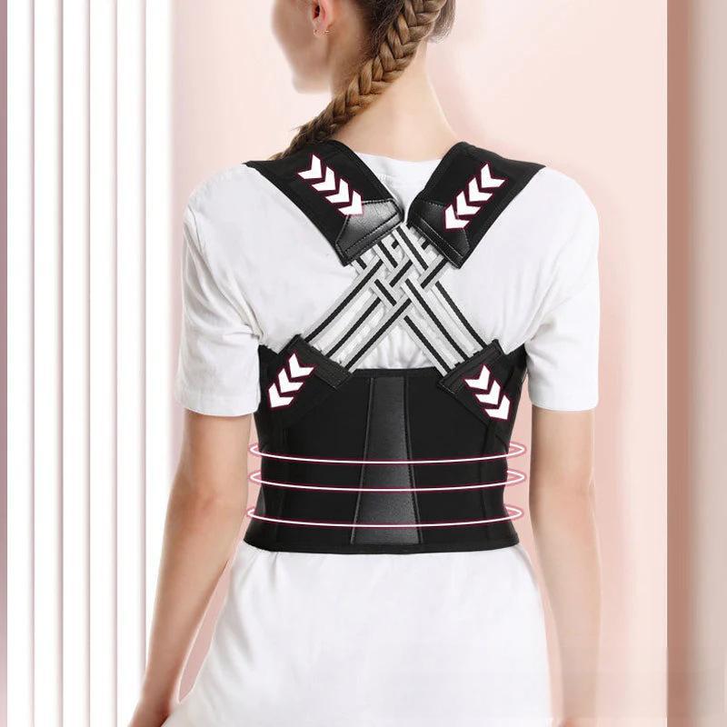 Beige unisex cross-back posture brace with wide lumbar belt for shoulder and lower back support