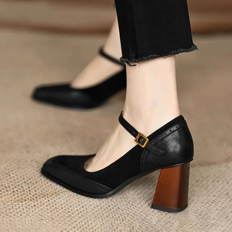 Women's vegan leather block heel sandals with adjustable strap and two-tone suede contrast finish