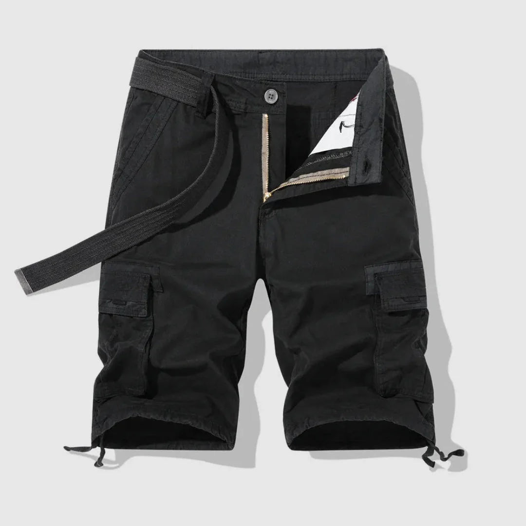 Men's khaki cargo shorts breathable cotton utility style with secure zipper pockets and adjustable drawstring hem