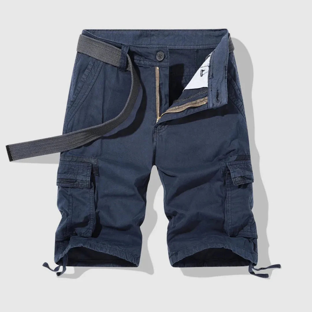Men's khaki utility cargo shorts breathable cotton multi-pocket secure zipper outdoor travel