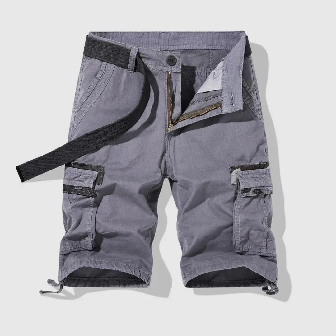 Men's khaki cargo shorts breathable cotton utility design with secure flap pockets and adjustable drawstring hem