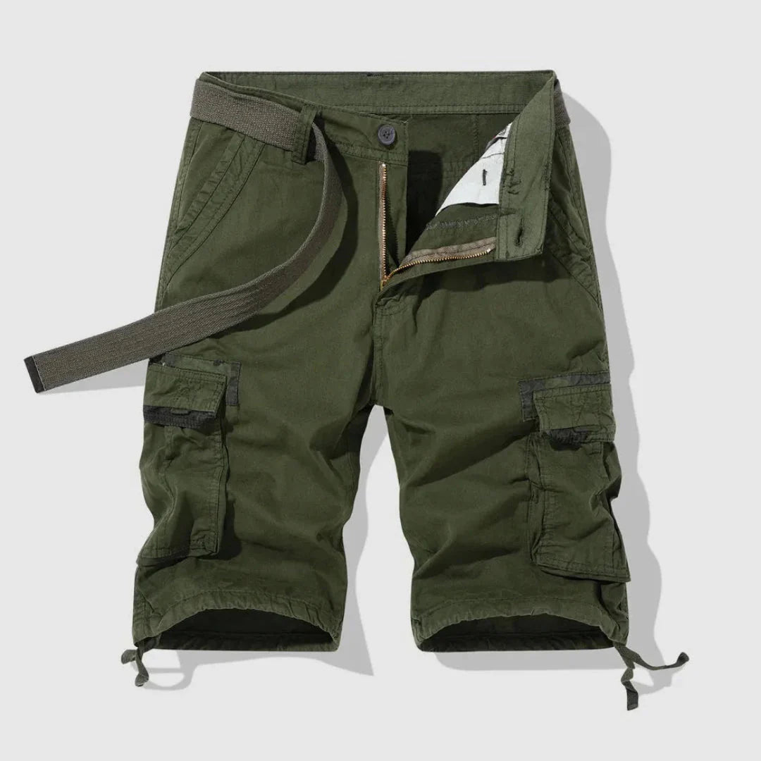 Men's khaki utility cargo shorts breathable cotton multi-pocket adjustable drawstring hem outdoor travel