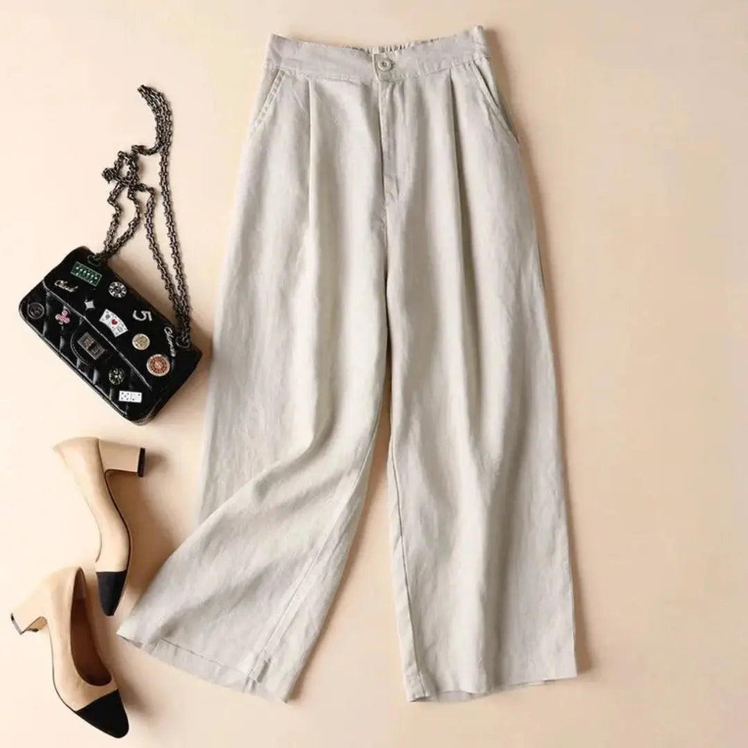 Women's beige linen wide-leg trousers high waist pleated front breathable office casual pants