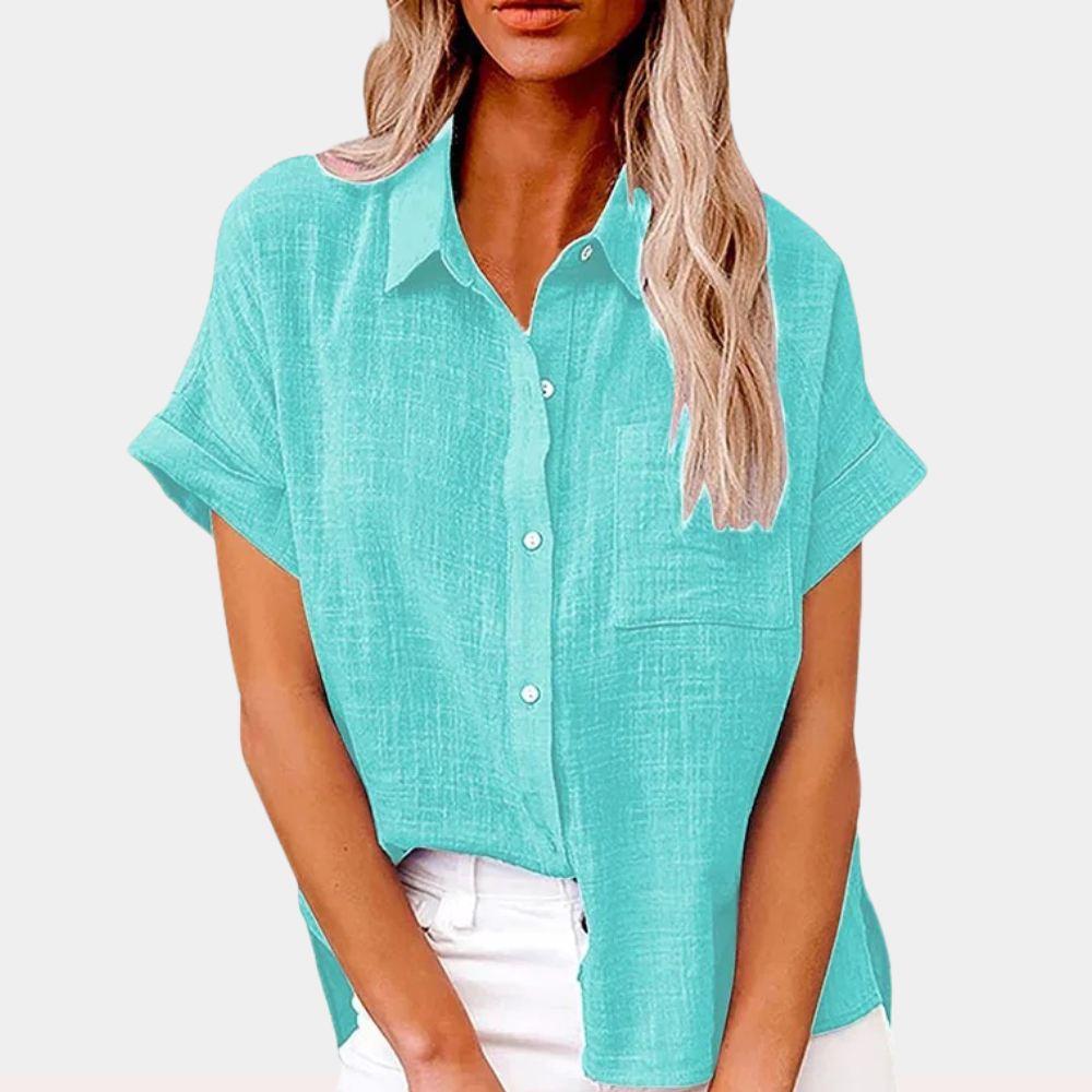 Eva women's elegant short sleeve blouse with button detail, lightweight summer office top