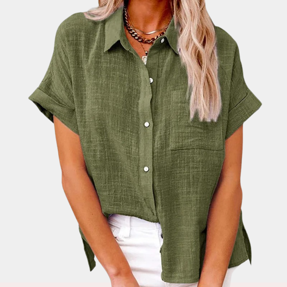 Eva women's elegant short sleeve blouse with button detail, lightweight summer office top