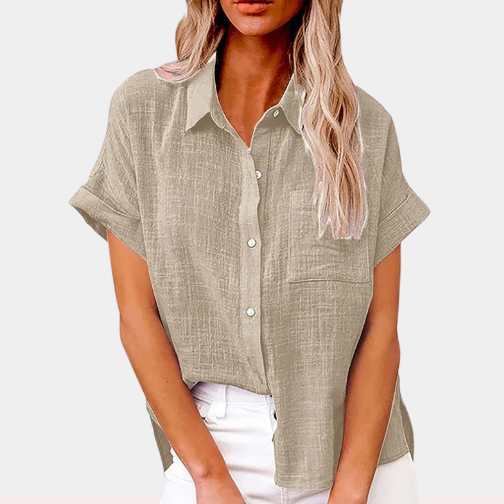 Women's cotton linen blend summer button blouse relaxed straight cut short cuffed sleeves traditional collar