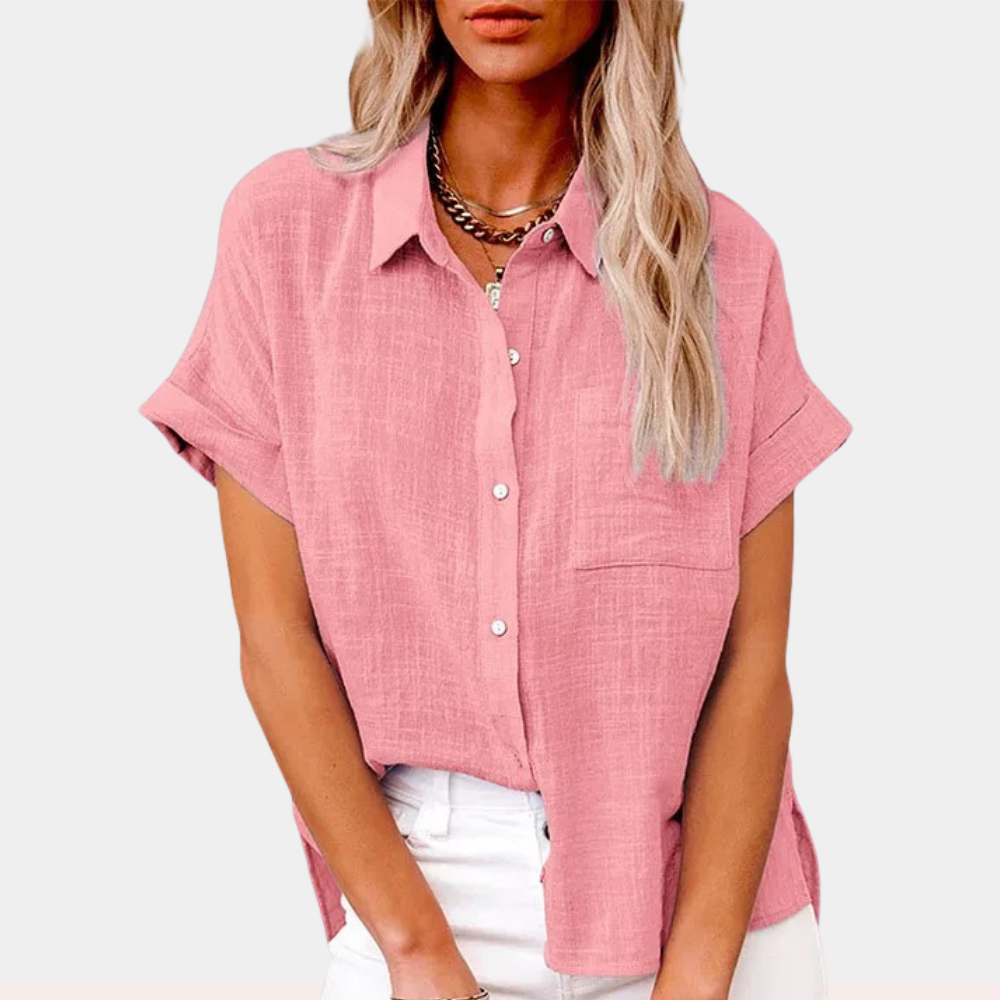 Eva women's elegant short sleeve blouse with button detail, lightweight summer office top