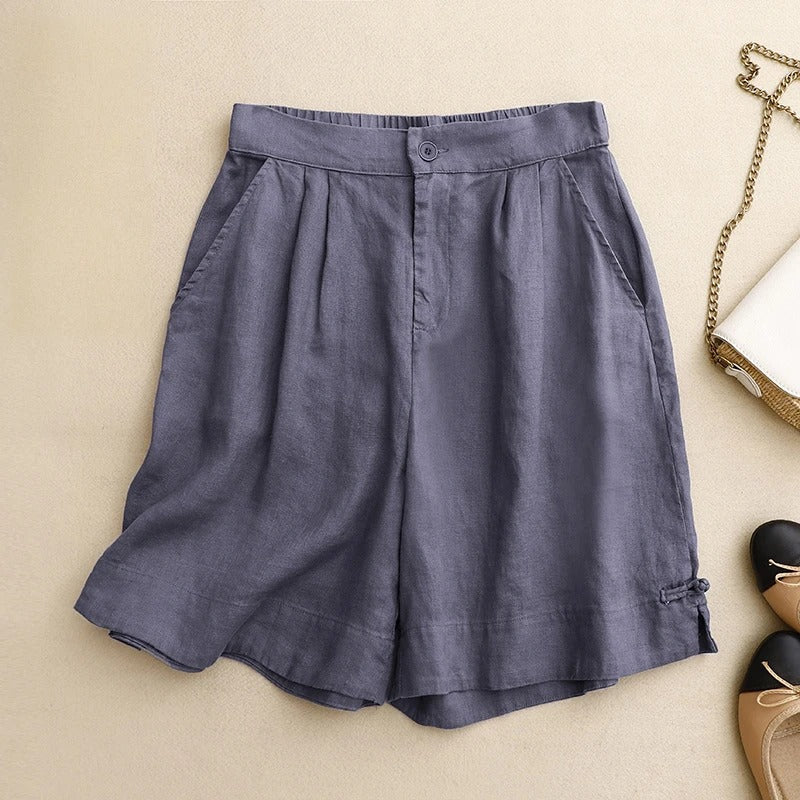 Women's relaxed linen shorts with soft waistband, pleated front, pockets, lightweight breathable summer fit