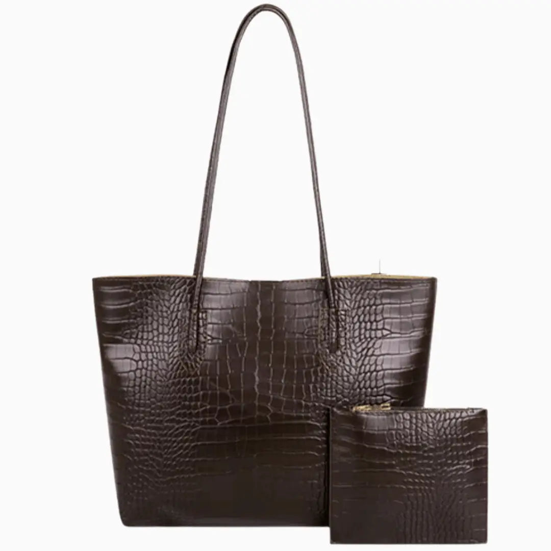 Women's croc-embossed faux leather tote bag with detachable pouch and matching wallet included