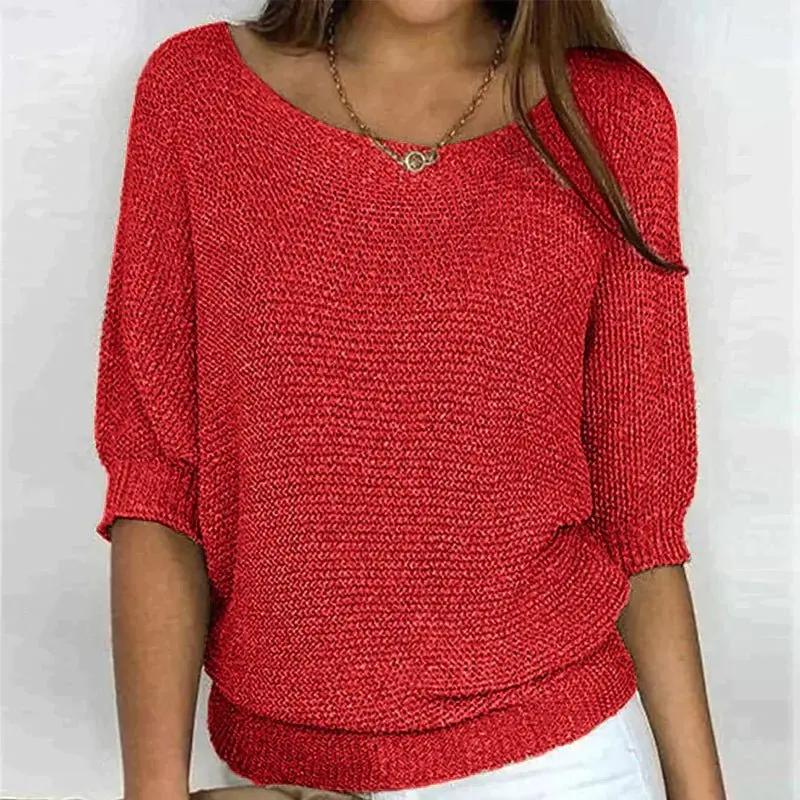 Women's textured knit pullover sweater relaxed fit wide neckline half-sleeve cozy layering style
